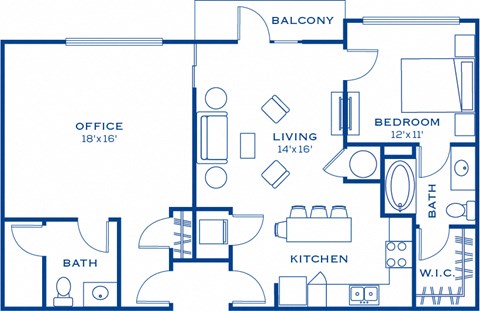 LW 1 bedroom 1 office 2 bathroom Floor Plan at Maitland City Centre, Florida