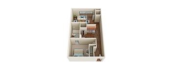 A top down view of a small apartment with a bedroom, living room, and kitchen.