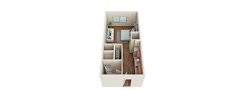 A 3D floor plan of a small apartment with a living room, kitchen, and bathroom.