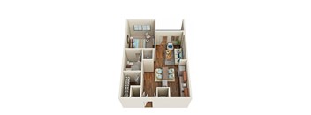 A 3D floor plan of a small apartment with a kitchen, living room, and bedroom.