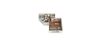 A 3D floor plan of a small apartment with a bedroom, living room, and kitchen.