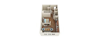 A top down view of a living room with a couch, coffee table, and television.