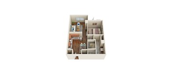 A top-down view of a two-bedroom apartment with a living room, kitchen, and bathroom.