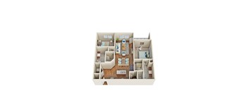 A top-down view of a house interior with a kitchen, living room, and bedrooms.