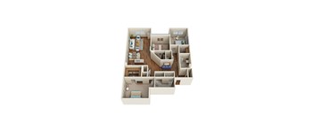 A 3D floor plan of a multi-room apartment.