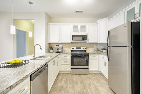 A modern kitchen with a black refrigerator and stainless steel appliances.