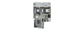 a furnished floor plan of a 1 bedroom apartment at Livano Nations, Tennessee, 37209