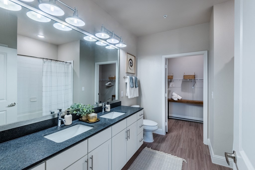 a bathroom with two sinks and a shower and a toilet