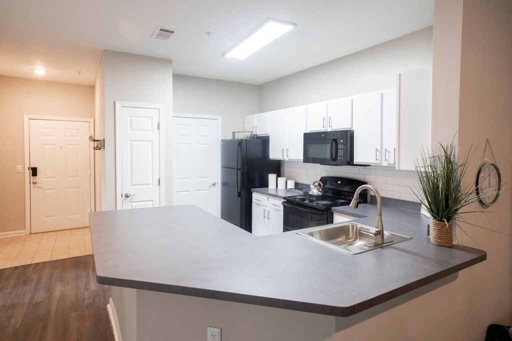 Kitchen with White Cabinetry and Black Appliancesat One Rocky Ridge Apartment, Georgia