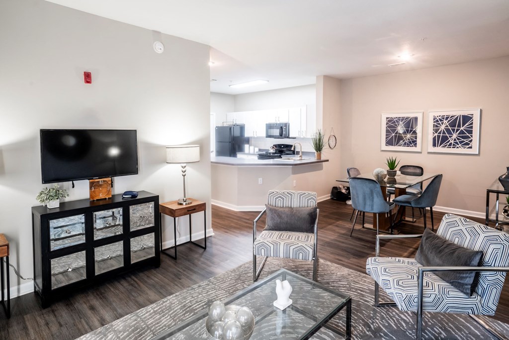Living Room Overlooking Kitchenat One Rocky Ridge Apartment, Georgia