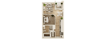 A top-down view of a house layout with a living room, kitchen, dining area, and bedrooms.