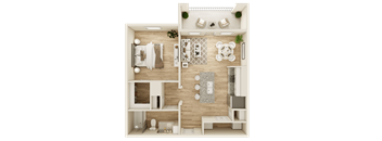 A top-down view of a modern apartment layout with a kitchen, living room, and bedroom.