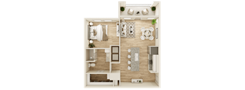 A top-down view of a small apartment layout with a kitchen, living room, and bathroom.