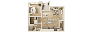 A top-down view of a well-organized apartment with a kitchen, living room, and bathroom.