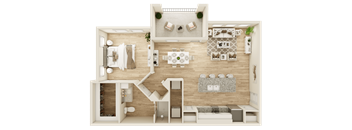 A top-down view of a well-organized apartment layout.