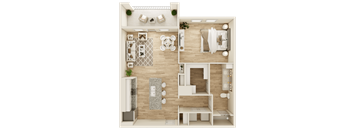 A top-down view of a small apartment with a kitchen, living room, and bathroom.