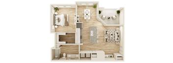 A top-down view of a house layout with a kitchen, dining area, living room, and bathroom.