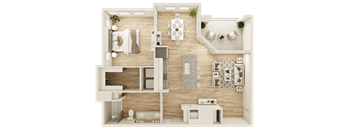 A top-down view of a house layout with a kitchen, dining area, living room, and bathroom.