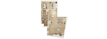 A top-down view of a house layout with a living room, dining area, kitchen, and two bedrooms.