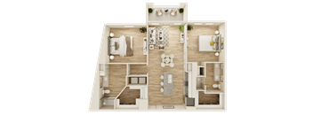 A detailed 3D floor plan of a modern apartment layout.
