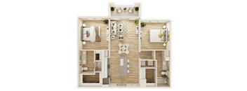 A top-down view of a two-story apartment with a living room, kitchen, dining area, and bedrooms.