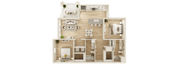 A 3D rendered image of a house layout.