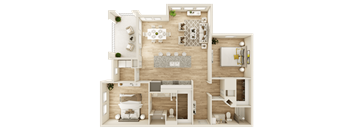 A 3D floor plan of a house with a living room, dining room, kitchen, and two bedrooms.