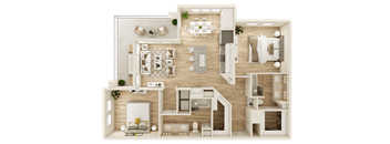 A 3D floor plan of a house showing a living room, kitchen, dining area, and bedrooms.