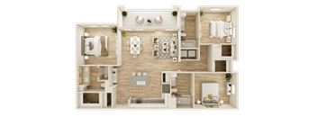 A 3D rendered image of a modern apartment layout.