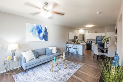 A living room with a grey couch and a blue rug. at Park at Forest Hill Apartments, Memphis, Tennessee