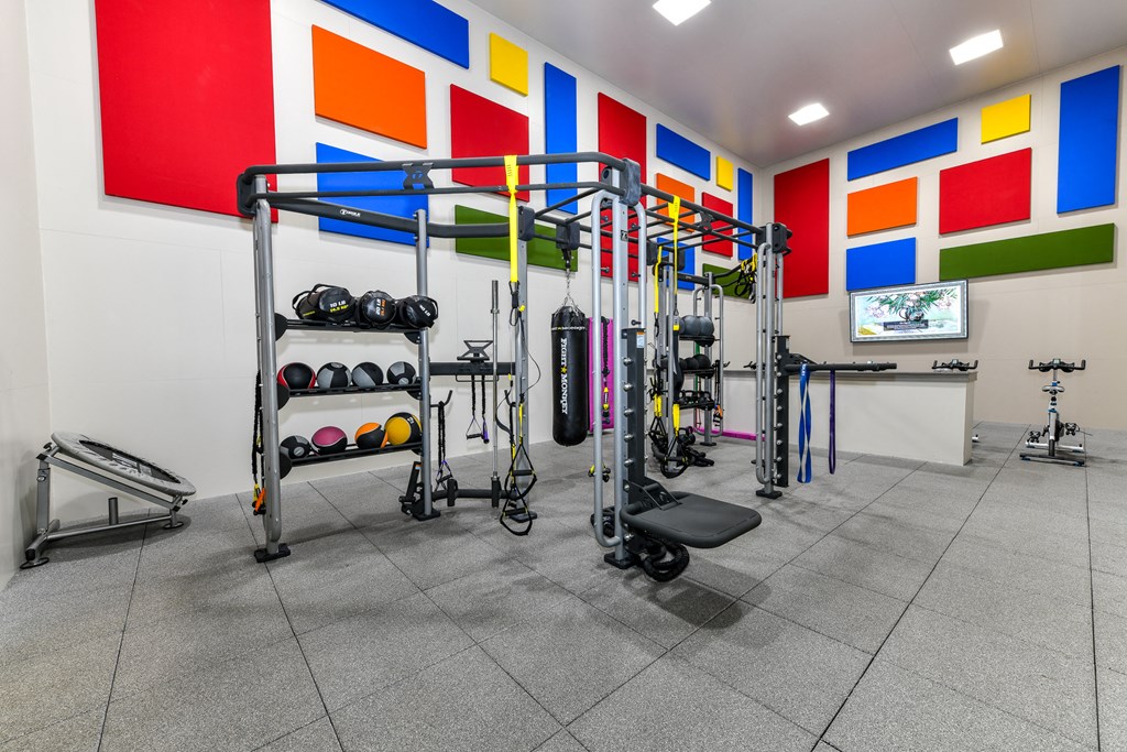 Health and Fitness Club including TVs and Cardio and Weight Training at Pointe Royal Townhome Apartments, Overland Park, KS 66213