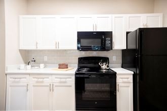 Cabinetry and Black Appliances in Kitchen at Polos at Hudson Corners Apartments, South Carolina 29650 - Photo Gallery 2