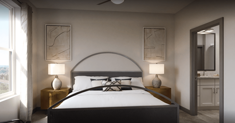 a bedroom with a large bed and a mirror at Livano Prosper, Prosper Texas