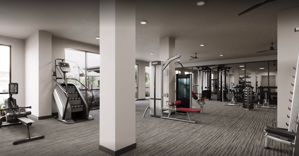 a gym with cardio machines and other equipment in a buildingat Livano Prosper, Prosper, TX 75078   