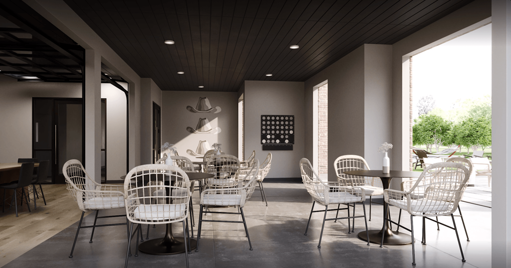 a dining room with white tables and chairs and a large window at Livano Prosper, Prosper, TX 75078