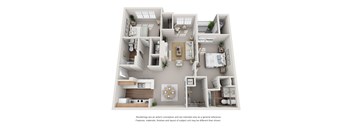 A 3D floor plan of a house with a kitchen, living room, and bedrooms.