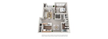 A 3D floor plan of a small apartment with a kitchen, living room, and bedroom.