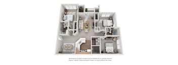 A 3D floor plan of a house with labeled rooms.