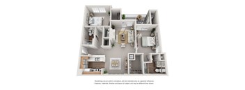 A 3D floor plan of a house with a kitchen, living room, and bedrooms.