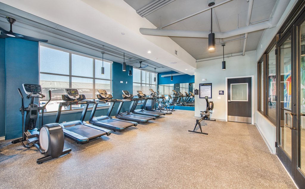 a fitness room with cardio equipment and windows at the briggs  stratton gym