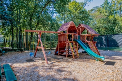 a swing set with a jungle gym in the middle of a park  at Grove Point, Georgia