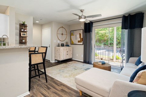 Living Room with Large Patio at Rise at Signal Mountain, Chattanooga, TN