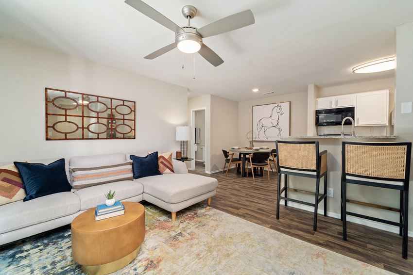 Living room with Ceiling Fan located at Rise at Signal Mountain in Chattanooga, TN 37405 - Photo Gallery