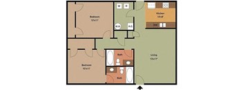 2 bed 2 bath Peeler Floor Planat Serene at Creekstone Apartments, Athens, GA, 30601