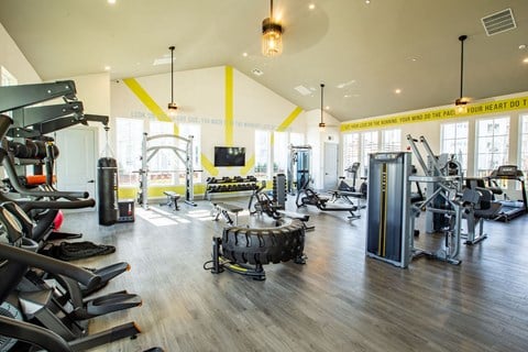 a spacious fitness room with hardwood floors and a large window at Livano Springdale, Louisville