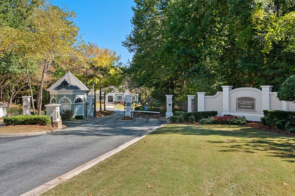 Front entrance gate and sign located at St. Andrews Apartments in Johns Creek, GA 30022