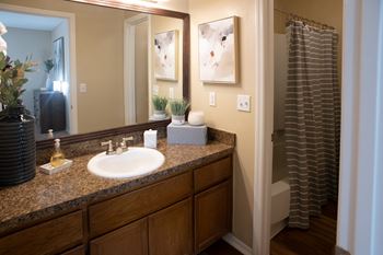 A bathroom with a sink, mirror, and shower.
