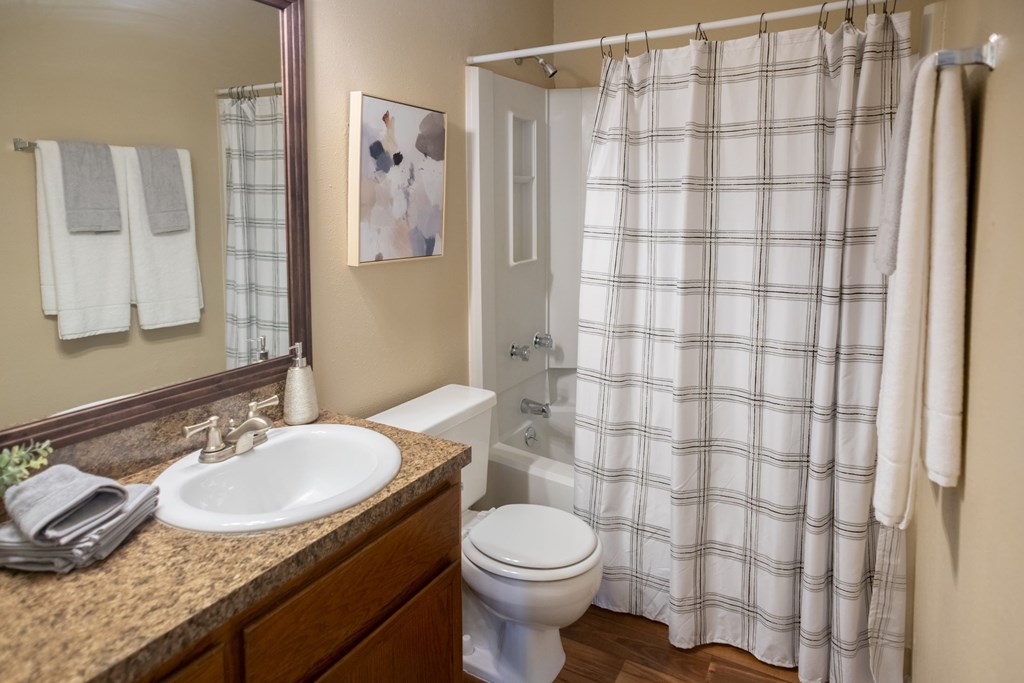 A bathroom with a sink, toilet, and shower curtain.