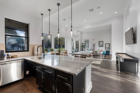A modern kitchen with a pool table in the living room. at The Ambrose, Texas, 77040
