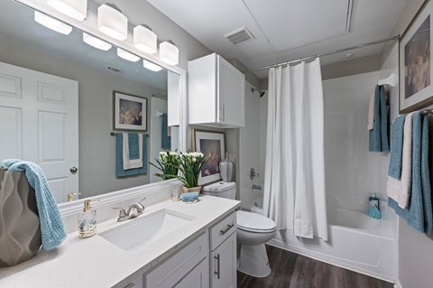 A bathroom with a white sink and a white toilet. at The Ambrose, Houston, Texas